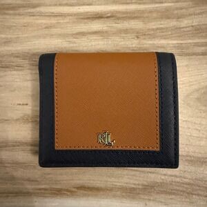 Lauren Ralph Lauren Saffiano Leather Bifold Wallet Brown Navy Blue RLL Monogram